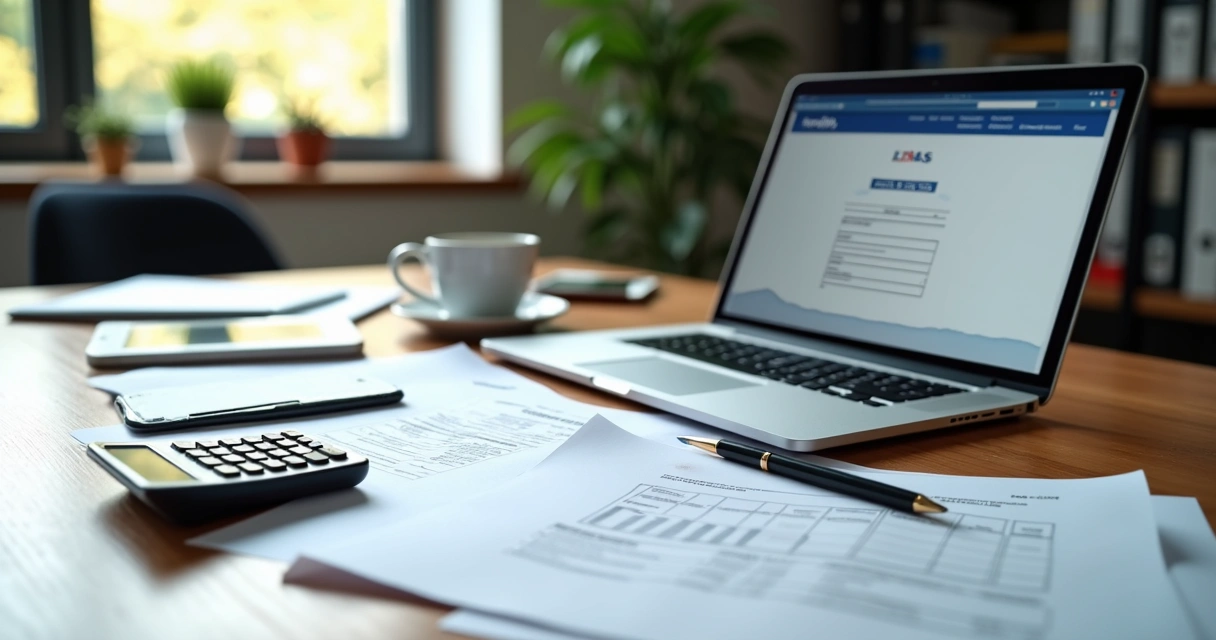 Mesa com documentos, notebook aberto em tela de abertura de empresa e calculadora ao lado