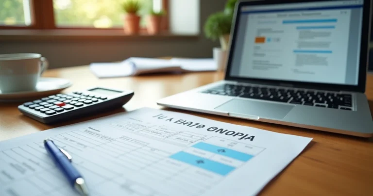 Mesa de trabalho com documentos para abrir CNPJ, laptop aberto mostrando formulário digital, caneta sobre papel e calculadora ao lado