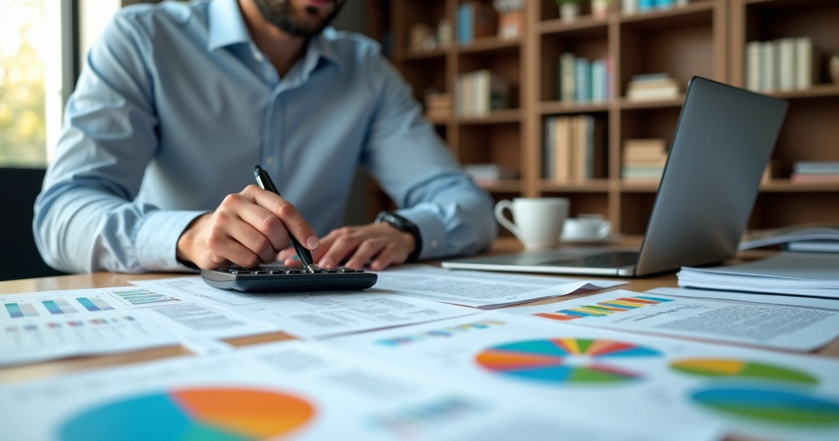 Contador analisando documentos e usando calculadora com gráficos e planilhas ao redor