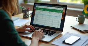 Pessoa usando computador para criar CNPJ pelo Portal do Empreendedor com documentos e gráfico na mesa