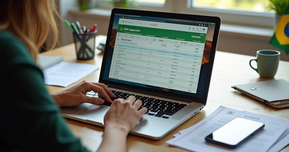 Pessoa usando computador para criar CNPJ pelo Portal do Empreendedor com documentos e gráfico na mesa