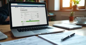 Mesa de escritório com laptop aberto mostrando site de cadastro de CNPJ, documentos e caneta ao lado