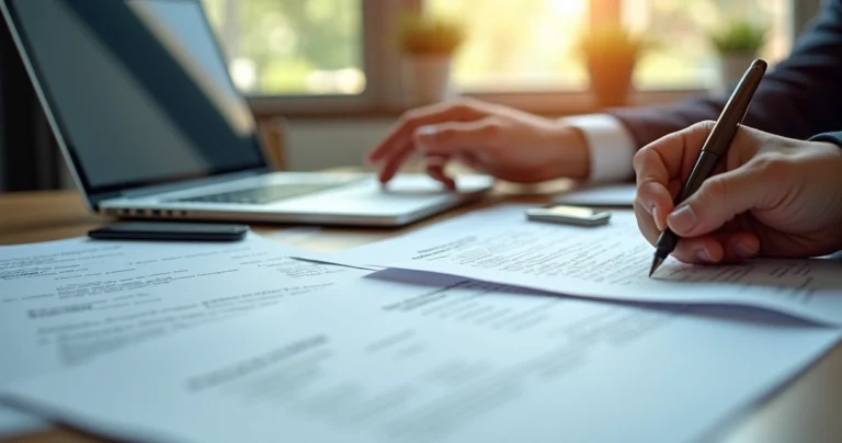 Mesa de escritório com documentos, laptop e contrato para registro de empresa