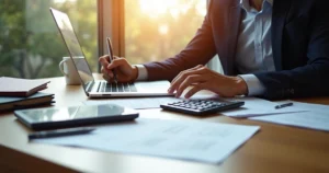 Empreendedor analisando documentos e usando notebook para abrir CNPJ, com mesa organizada e luz natural