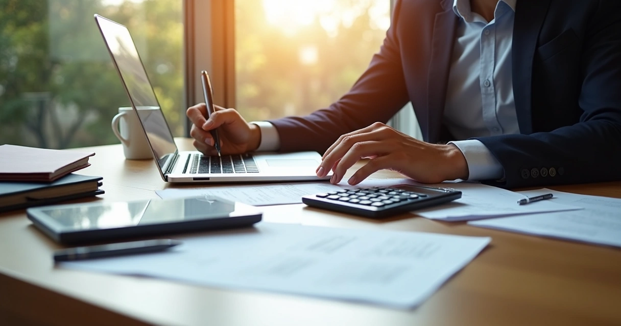 Empreendedor analisando documentos e usando notebook para abrir CNPJ, com mesa organizada e luz natural