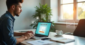 Empreendedor jovem usando computador para abrir CNPJ MEI com documentos e celular ao lado, em ambiente de escritório moderno e organizado