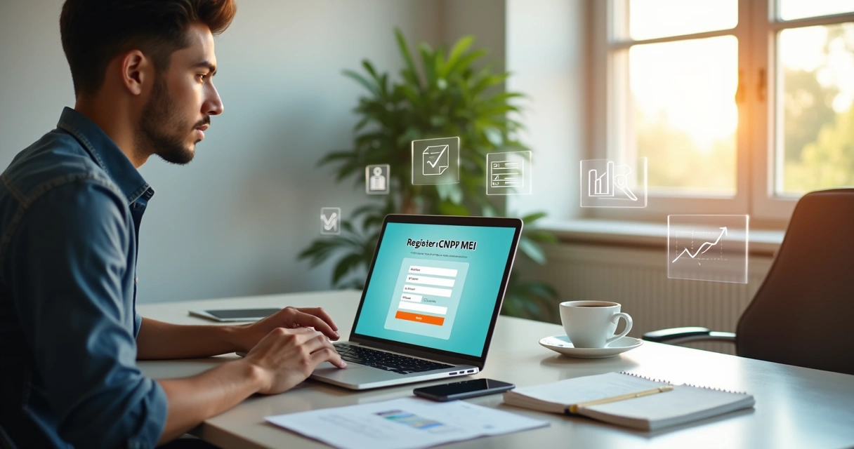 Empreendedor jovem usando computador para abrir CNPJ MEI com documentos e celular ao lado, em ambiente de escritório moderno e organizado