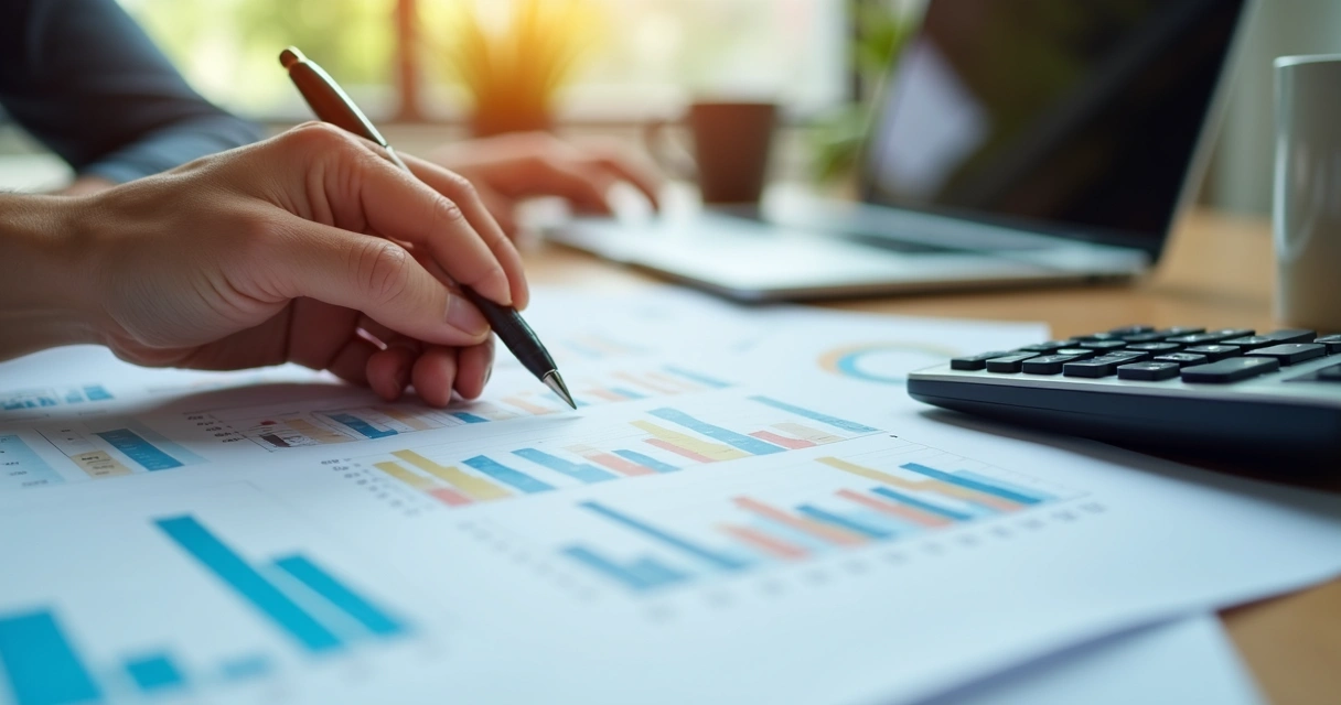Mãos segurando caneta sobre planilha financeira com gráficos e calculadora ao lado