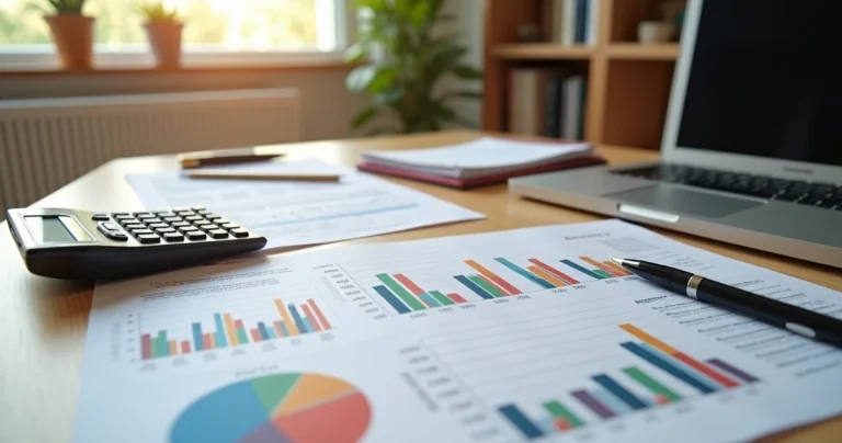 Mesa de escritório com calculadora, planilhas, gráfico de barras e notas fiscais organizadas para planejamento tributário de empresa