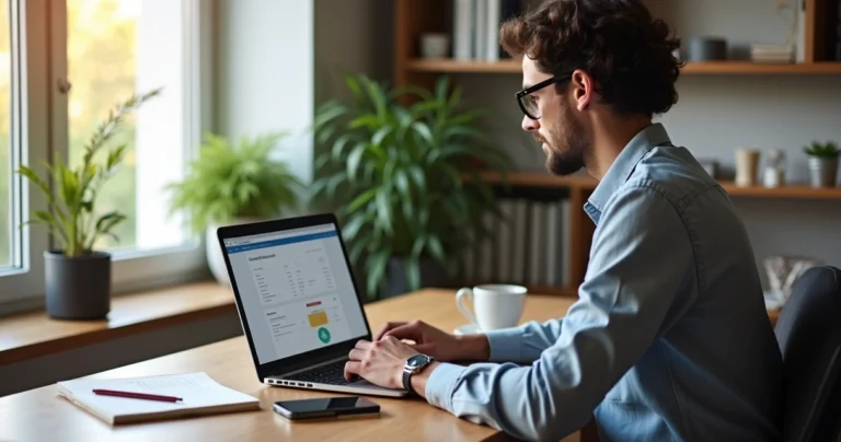 Profissional liberal trabalhando com laptop em ambiente home office organizado com anotações e café