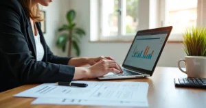 Psicólogo trabalhando em escritório com documentos fiscais e computador moderno