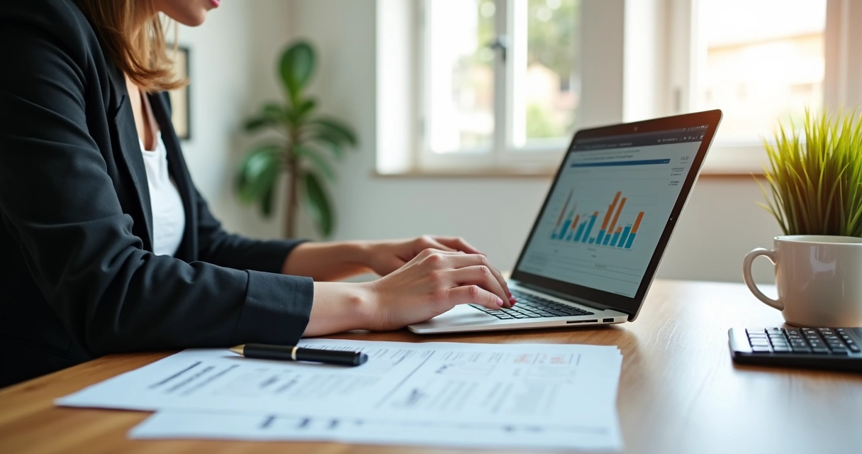 Psicólogo trabalhando em escritório com documentos fiscais e computador moderno