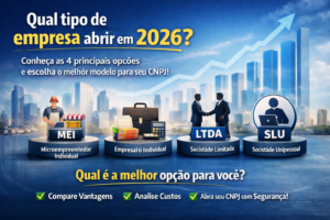 Descubra qual tipo de empresa abrir e escalar em 2026. Conheça as 4 principais opções, compare vantagens e escolha o melhor modelo para abrir seu CNPJ com segurança.